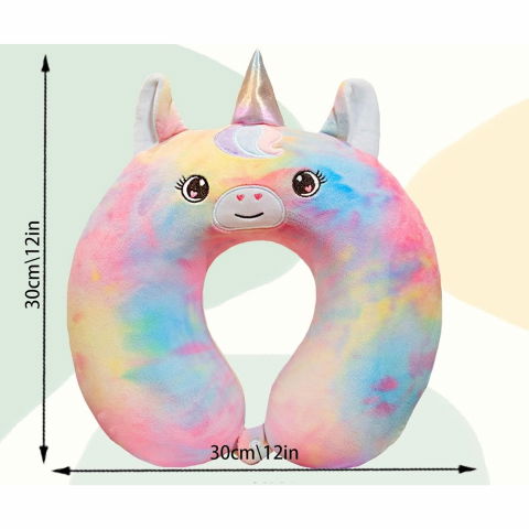 Perna de calatorie in forma de u, pentru gat si cap, umplutura din spuma cu memorie, 30x30 cm, model unicorn, accesoriu de voiaj, birou, masina, sistem prindere capse, multicolor [3]