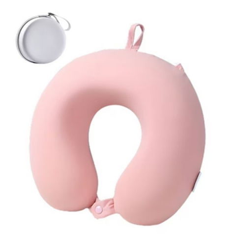 Organizatoare, perne voiaj şi accesorii - Perna de calatorie in forma de u, pentru gat si cap, umplutura din spuma cu memorie, 30x30 cm, sistem prindere capse, cutie de depozitare, roz