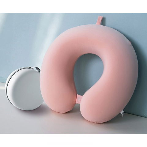 Perna de calatorie in forma de u, pentru gat si cap, umplutura din spuma cu memorie, 30x30 cm, sistem prindere capse, cutie de depozitare, roz [3]