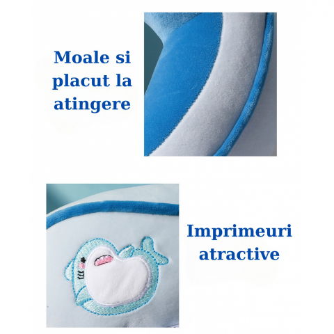 Perna de calatorie, pentru gat si cap, umplutura din bumbac, 28x28x10 cm, cu model brodat delfin, albastru [5]