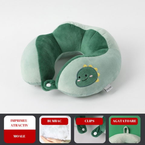 Perna de calatorie, pentru gat si cap, umplutura din bumbac, 28x28x10 cm, cu model brodat dinozaur, verde [5]