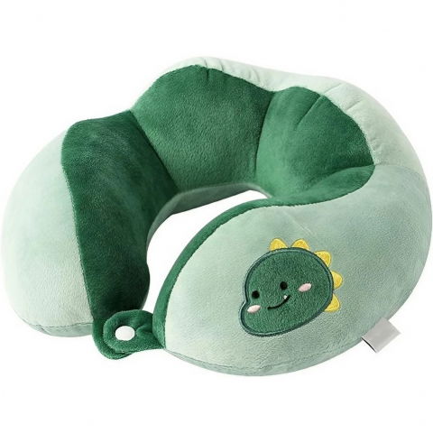 Organizatoare, perne voiaj şi accesorii - Perna de calatorie, pentru gat si cap, umplutura din bumbac, 28x28x10 cm, cu model brodat dinozaur, verde