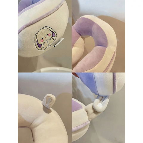 Perna de calatorie, pentru gat si cap, umplutura din bumbac, 28x28x10 cm, cu model brodat iepure, lila [5]