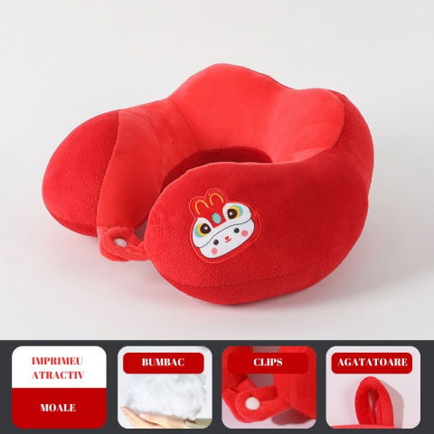 Perna de calatorie, pentru gat si cap, umplutura din bumbac, 28x28x10 cm, cu model brodat iepure, rosu [1]