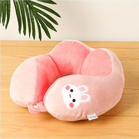 Organizatoare, perne voiaj şi accesorii - Perna de calatorie, pentru gat si cap, umplutura din bumbac, 28x28x10 cm, cu model brodat iepure, roz