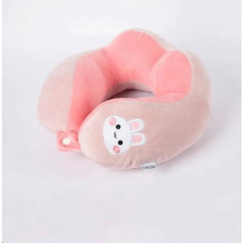 Perna de calatorie, pentru gat si cap, umplutura din bumbac, 28x28x10 cm, cu model brodat iepure, roz [1]