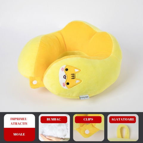 Perna de calatorie, pentru gat si cap, umplutura din bumbac, 28x28x10 cm, cu model brodat pisica, galben [1]