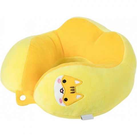 Organizatoare, perne voiaj şi accesorii - Perna de calatorie, pentru gat si cap, umplutura din bumbac, 28x28x10 cm, cu model brodat pisica, galben