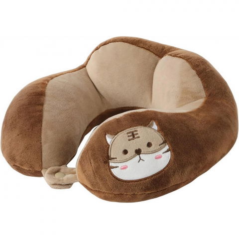 Organizatoare, perne voiaj şi accesorii - Perna de calatorie, pentru gat si cap, umplutura din bumbac, 28x28x10 cm, cu model brodat pisica, maro