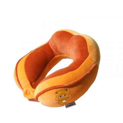 Organizatoare, perne voiaj şi accesorii - Perna de calatorie, pentru gat si cap, umplutura din bumbac, 28x28x10 cm, cu model brodat urs, portocaliu