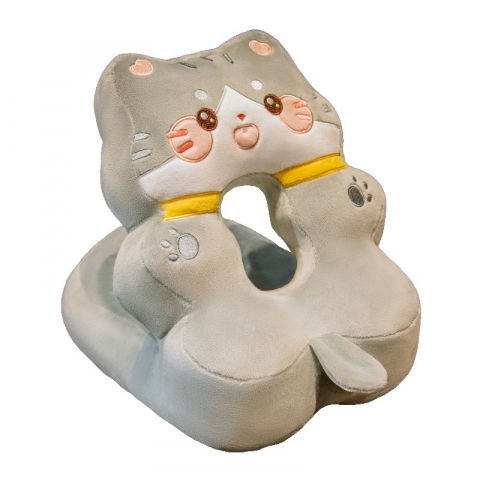 Organizatoare, perne voiaj şi accesorii - Perna din spuma, pentru birou, calatorii, model pisica, lavabila, umplutura de bumbac, spatiu cap in forma de 8, 30x35x30 cm, gri
