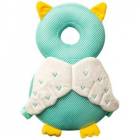 Igienă, baie și accesorii bebeluși şi copii - Perna tip rucsac pentru protectia capului, tetiera tip bufnita, design tip plasa, pentru bebelusi, 33x6x19 cm, 180 g, albastru