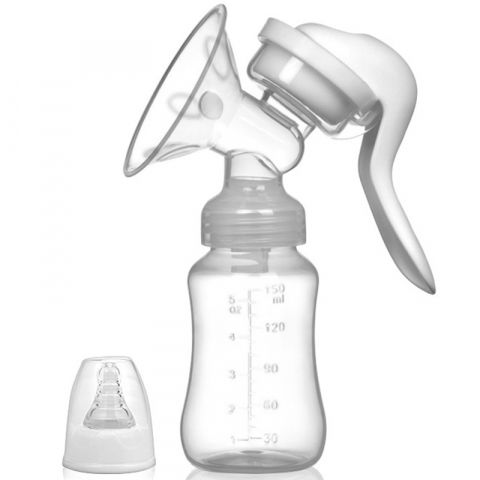 Îngrijire, transport și organizare pentru bebeluși și copii - Pompa de san manuala multifunctionala, portabila, cu tetina pentru biberon, anti-scurgere, anti-reflux, 18.5x6 cm, 150 ml, silicon, recipient transparent, alb