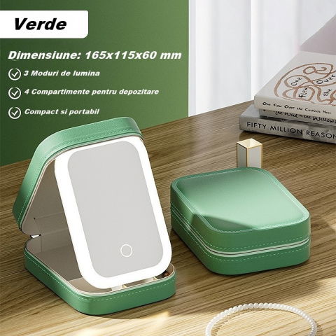 Portfard, geanta cosmetice, cu oglinda led, 3 moduri de lumina, incarcare usb, baterie 1200 mah, pentru organizarea cosmeticelor, 4 compartimente, imitatie piele, verde, 16.5x11.5x6 cm [2]