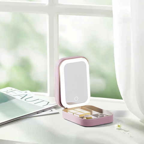 Portfard, geanta cosmetice, cu oglinda led, 3 moduri de lumina, incarcare usb, baterie 1200 mah, pentru organizarea cosmeticelor, 4 compartimente, imitatie piele, roz, 16.5x11.5x6 cm [4]