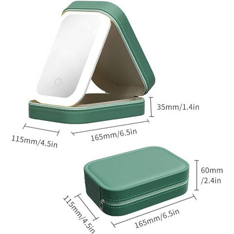 Portfard, geanta cosmetice, cu oglinda led, 3 moduri de lumina, incarcare usb, baterie 1200 mah, pentru organizarea cosmeticelor, 4 compartimente, imitatie piele, verde, 16.5x11.5x6 cm [4]