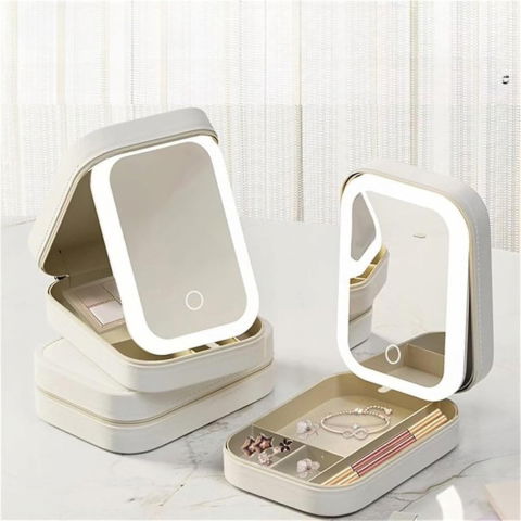 Portfard, geanta cosmetice, cu oglinda led, 3 moduri de lumina, incarcare usb, baterie 1200 mah, pentru organizarea cosmeticelor, 4 compartimente, imitatie piele, alb, 16.5x11.5x6 cm [5]