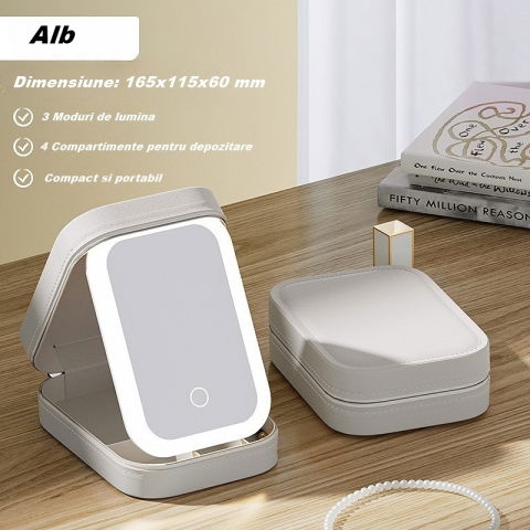 Portfard, geanta cosmetice, cu oglinda led, 3 moduri de lumina, incarcare usb, baterie 1200 mah, pentru organizarea cosmeticelor, 4 compartimente, imitatie piele, alb, 16.5x11.5x6 cm [2]