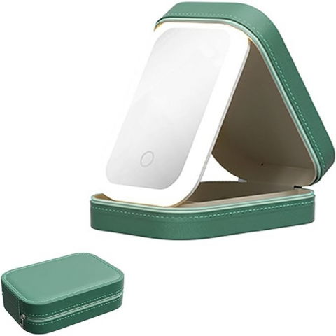 Portfard, geanta cosmetice, cu oglinda led, 3 moduri de lumina, incarcare usb, baterie 1200 mah, pentru organizarea cosmeticelor, 4 compartimente, imitatie piele, verde, 16.5x11.5x6 cm [5]