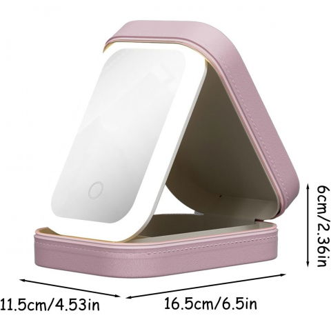 Portfard, geanta cosmetice, cu oglinda led, 3 moduri de lumina, incarcare usb, baterie 1200 mah, pentru organizarea cosmeticelor, 4 compartimente, imitatie piele, roz, 16.5x11.5x6 cm [3]