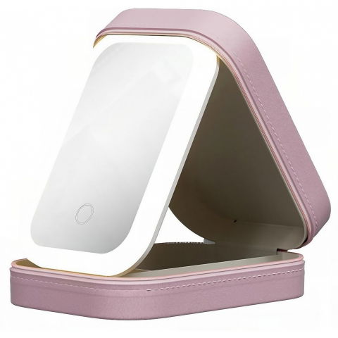 Genti, organizatoare şi accesorii voiaj - Portfard, geanta cosmetice, cu oglinda led, 3 moduri de lumina, incarcare usb, baterie 1200 mah, pentru organizarea cosmeticelor, 4 compartimente, imitatie piele, roz, 16.5x11.5x6 cm