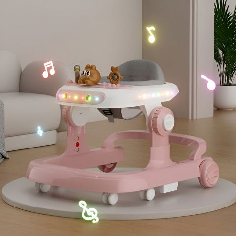 Premergator multifunctional cu roti  model iepuras, inaltime ajustabila, tavita, muzica, lumini, 66x59x41 cm, roz [3]