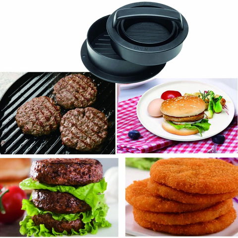 Presa dubla pentru hamburgeri 2 in 1, forma si presa, doua dimensiuni, cu maner, usor de curatat si folosit, material abs, 100 de foi hartie de copt incluse, 13x13.5x7 cm, fara lipire, neagra [2]