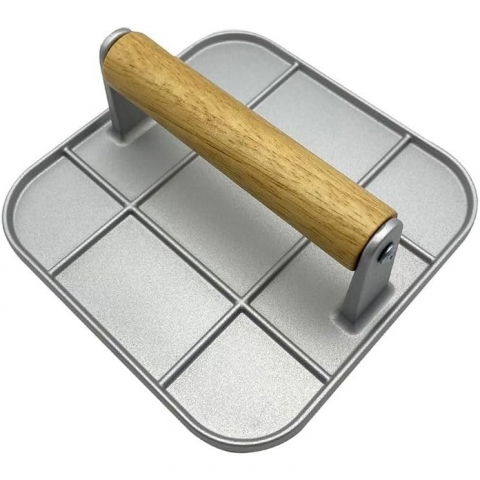Ajutoare pentru gatit - Presa manuala pentru carne, din aliaj de aluminiu, maner din lemn, presa pentru burgeri, usor de curatat si folosit, patrata, 16x16x6 cm, gri