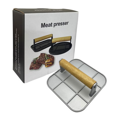 Presa manuala pentru carne, din aliaj de aluminiu, maner din lemn, presa pentru burgeri, usor de curatat si folosit, patrata, 16x16x6 cm, gri [2]