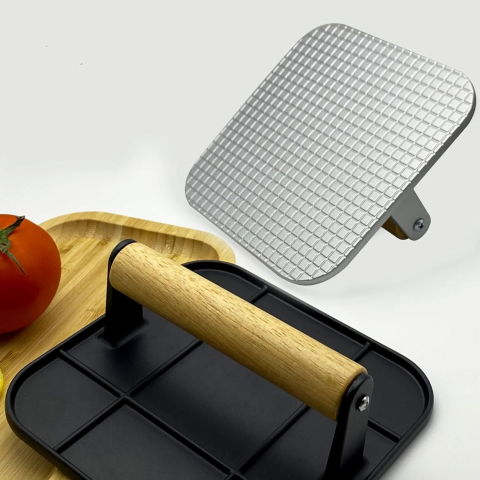 Presa manuala pentru carne, din aliaj de aluminiu, maner din lemn, presa pentru burgeri, usor de curatat si folosit, patrata, 16x16x6 cm, neagra [8]