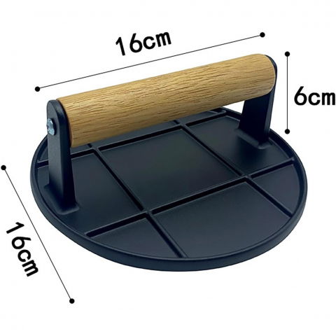 Presa manuala pentru carne, din aliaj de aluminiu, maner din lemn, presa pentru burgeri, usor de curatat si folosit, rotunda, 16x16x6 cm, neagra [6]