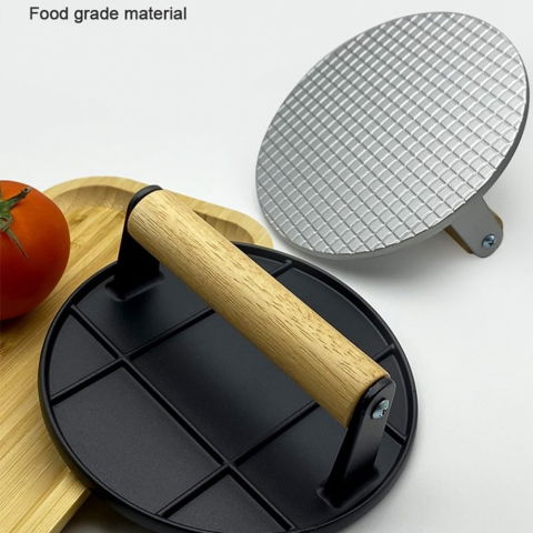 Presa manuala pentru carne, din aliaj de aluminiu, maner din lemn, presa pentru burgeri, usor de curatat si folosit, rotunda, 16x16x6 cm, neagra [9]