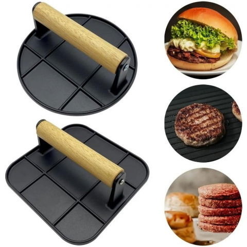 Presa manuala pentru carne, din aliaj de aluminiu, maner din lemn, presa pentru burgeri, usor de curatat si folosit, rotunda, 16x16x6 cm, neagra [3]