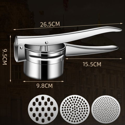 Presa storcator pentru fructe si legume, zdrobitor manual, inox, 3 discuri interschimbabile, usor de stors si de curatat, ergonomic, 26.5 x 9.8 x 9.5 cm argintiu [1]