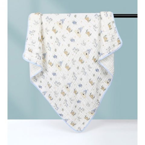 Igienă, baie și accesorii bebeluși şi copii - Prosop de baie din bumbac si tifon pentru bebelusi, cu sase straturi, pentru copii, 110x110 cm, model unicorni, bej albastru