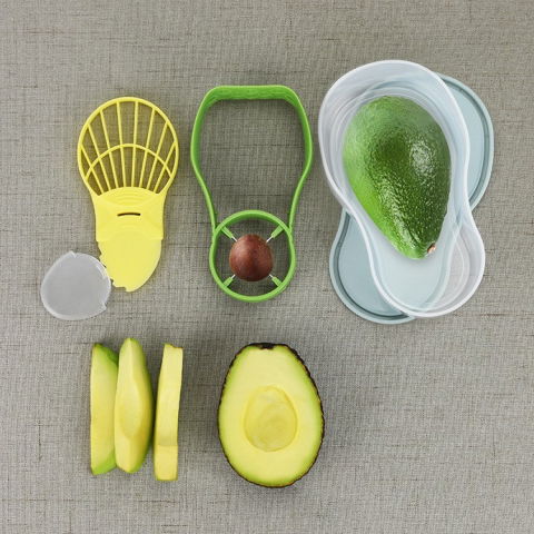 Recipient de depozitare avocado 5in1, etans, pentru frigider, din plastic, dispozitiv de taiat, curatat, feliat, 15x4.5x7 cm, gri [2]