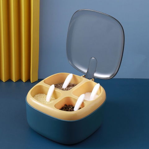Recipient pentru condimente  4 casute, potrivit pentru sare, cimbru, piper, condimente, 4 lingurite din plastic, capac din plastic, maner, 14x14x8 cm, albastru [1]