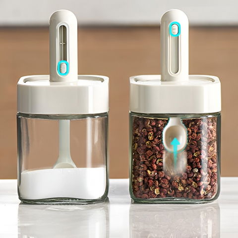 Recipient pentru depozitarea condimentelor, borcan din sticla, capac si lingura incorporate, uz casnic, 300 ml, 7.1x7.1x14.8 cm, gri [8]