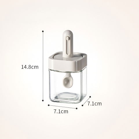 Recipient pentru depozitarea condimentelor, borcan din sticla, capac si lingura incorporate, uz casnic, 300 ml, 7.1x7.1x14.8 cm, gri [1]