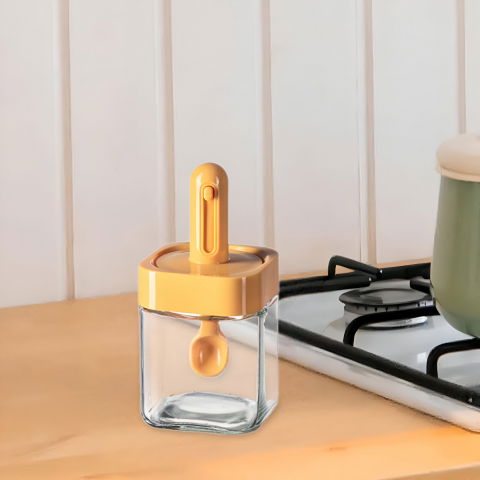 Recipient pentru depozitarea condimentelor, borcan din sticla, capac si lingura incorporate, uz casnic, 300 ml, 7.1x7.1x14.8 cm, portocaliu [5]