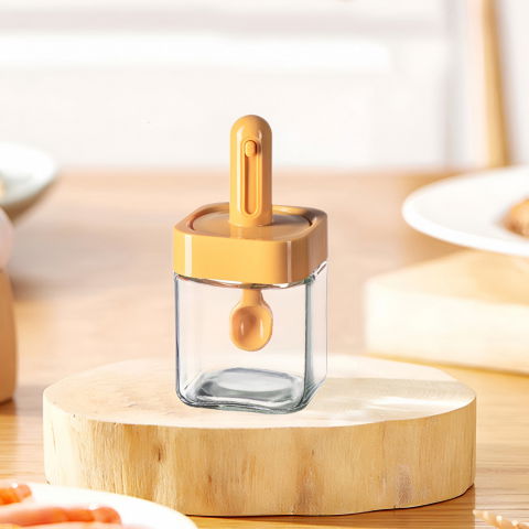 Recipient pentru depozitarea condimentelor, borcan din sticla, capac si lingura incorporate, uz casnic, 300 ml, 7.1x7.1x14.8 cm, portocaliu [6]