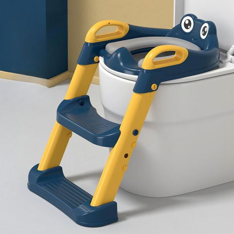 Reductor si scaunel inaltator wc, pentru copii 1 - 7 ani, 2 trepte reglabile, pliabil, colac moale, cu spatar si manere, inaltime 54/58 cm x 39.5 x 35 cm, din plastic+pvc, albastru/portocaliu [5]
