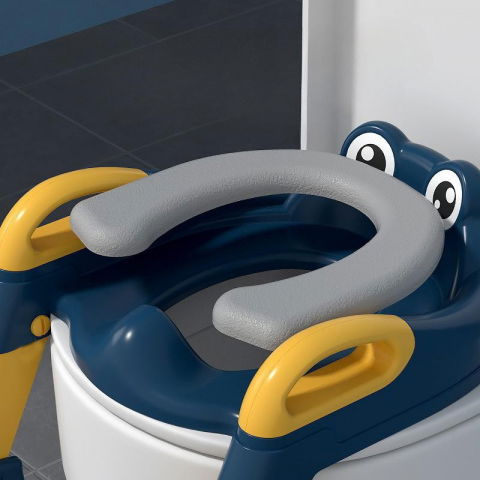 Reductor si scaunel inaltator wc, pentru copii 1 - 7 ani, 2 trepte reglabile, pliabil, colac moale, cu spatar si manere, inaltime 54/58 cm x 39.5 x 35 cm, din plastic+pvc, albastru/portocaliu [4]