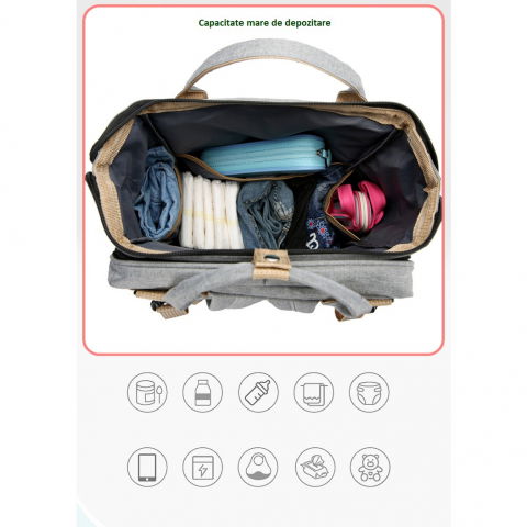 Rucsac multifunctional pentru mamici, cu patut pliabil si baza de schimbat, rezistent la apa, capacitate mare, usor, compartimente multiple, buzunar termic pentru lapte, 42 x 32 x 22 cm, mov [7]