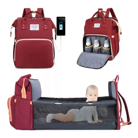 Rucsac multifunctional pentru mamici, cu patut pliabil si baza de schimbat, rezistent la apa, capacitate mare, usor, compartimente multiple, buzunar termic pentru lapte, 42 x 32 x 22 cm, rosu [3]