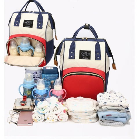 Rucsac multifunctional pentru mamici, din panza oxford, compartimentare multipla, impermeabil, 43 x 18 x 26 cm, alb/rosu/albastru [8]