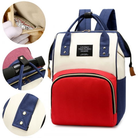 Rucsac multifunctional pentru mamici, din panza oxford, compartimentare multipla, impermeabil, 43 x 18 x 26 cm, alb/rosu/albastru [7]