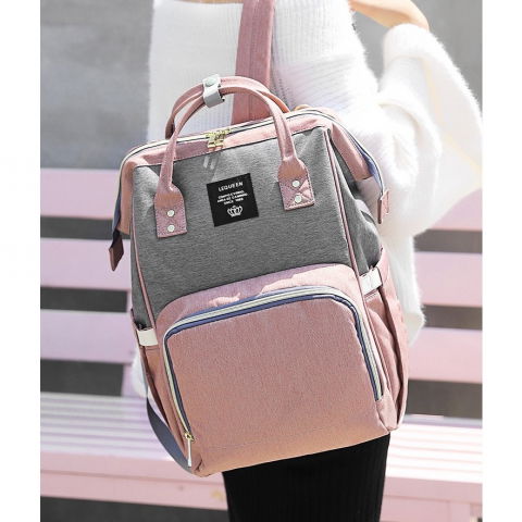 Rucsac multifunctional pentru mamici, din panza oxford, compartimentare multipla, impermeabil, 43 x 18 x 26 cm, roz/gri [9]