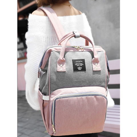 Rucsac multifunctional pentru mamici, din panza oxford, compartimentare multipla, impermeabil, 43 x 18 x 26 cm, roz/gri [8]