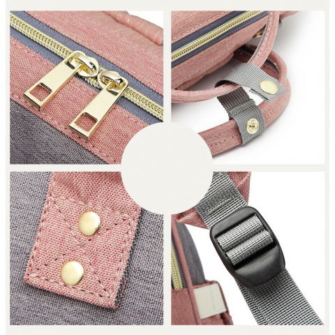 Rucsac multifunctional pentru mamici, din panza oxford, compartimentare multipla, impermeabil, 43 x 18 x 26 cm, roz/gri [5]